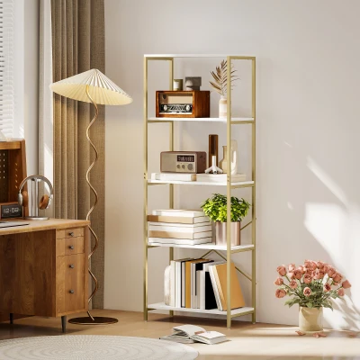 HOMCOM 5-Tier Bookshelf Metal Frame White Gold