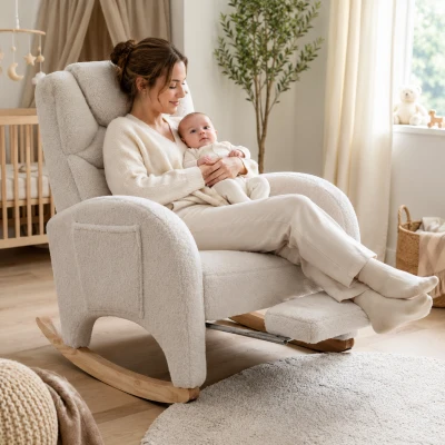 Teddy Schommelstoel met Voetensteun Comfortabele Voedings en Relaxfauteuil met Hoge Rugleuning Wit