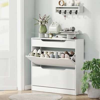 HOMCOM Shoe Storage Cabinet White with Drawer & Adjustable Shelves