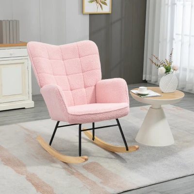 HOMCOM Accent Rocking Chair, Berber Fleece Nursery Glider Rocker, Modern Armchair, Wingback Chair for Living Room, Pink