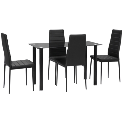 HOMCOM 5-delige Eetkamerset Tafel en 4 Stoelen, Modern Design, Glazen Tafel, Zwart