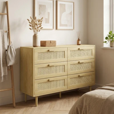 HOMCOM Cómoda para Quarto com 6 Gavetas e Frontal de Vime Pés de Madeira Estilo Bohemio 110x40x75 cm Madeira