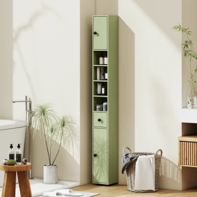kleankin Badezimmerschrank schmal mit Schublade und 4 offenen Fächern für kleine Räume 20 x 20 x 180 cm Grün