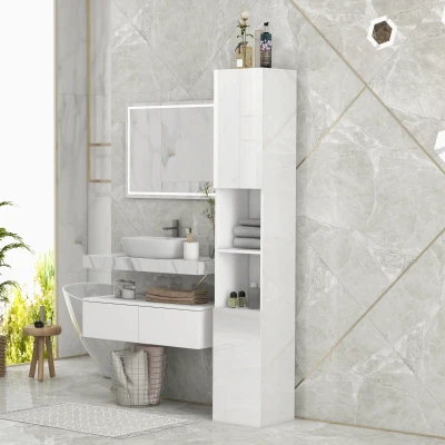 kleankin Armário Alto e Estreito para Casa de Banho com Portas e Prateleiras Ajustáveis 30x30x181,5 cm Branco Brilhante
