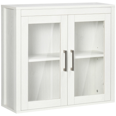 kleankin Armário Casa de Banho de Parede com 2 Portas de Vidro e Prateleira Móvel Suspenso de Casa de Banho 60x19,5x54cm Branco