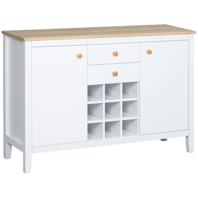 HOMCOM Aparador de Cozinha com 2 Gavetas 2 Armários com Prateleiras Ajustáveis e Suporte para 9 Garrafas 110x35x75 cm Branco e Madeira