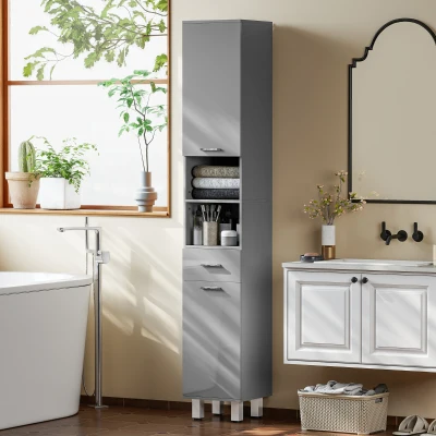 kleankin Badezimmerschrank, Badkommode, mit Regalen und Schublade, verstellbar, Grau