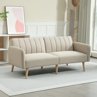 HOMCOM Canapé Convertible 2 Places Tissu Lin Beige Pieds Bois