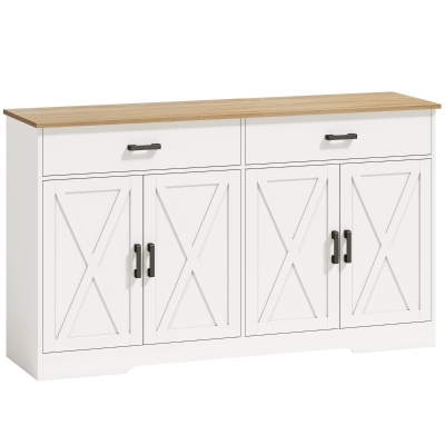 HOMCOM Sideboard Buffet Schrank, 140 cm Farmhaus Küchen-Schrank mit 2 Schubladen und 2 Schränken, Weiß