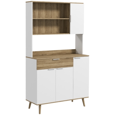 HOMCOM Armário de Cozinha Alto com 4 Portas, Prateleiras Ajustáveis, Gaveta e Compartimentos Abertos, 98x39x180 cm, Branco e Natural