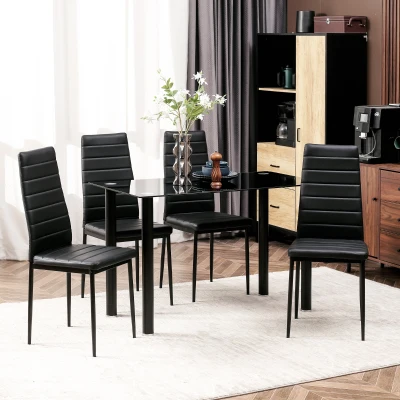 HOMCOM 5-delige Eetkamerset Tafel en 4 Stoelen, Modern Design, Glazen Tafel, Zwart