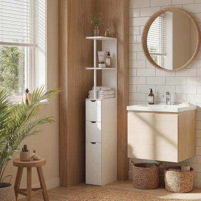 HOMCOM Colonne Salle de Bain 136,5cm Blanc avec Tiroirs et Étagères