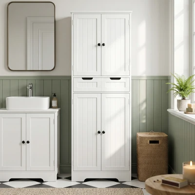 HOMCOM Tall Bathroom Cabinet Storage Drawer Shelves White 160cm