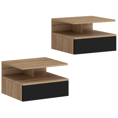HOMCOM Conjunto de 2 Mesas de Cabeceira Suspensas com Gaveta Montadas na Parede 35x32x22,5 cm Carvalho e Preto