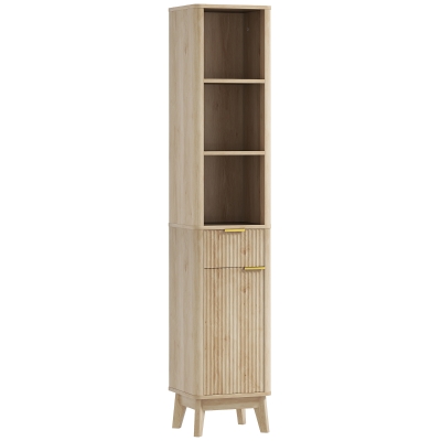HOMCOM Coluna de Casa de Banho Móvel de Casa de Banho Estreito com Porta Canaleda Gaveta 3 Compartimentos e Prateleiras Ajustáveis 33x30x170 cm Madeira