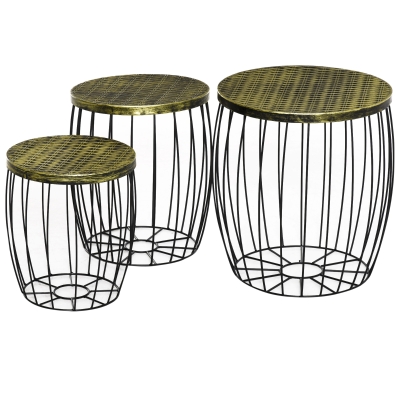 Outsunny Juego de 3 Mesas Auxiliares Apilables para Jardín de Estilo Industrial Mesas de Metal con Encimera Imitación Ratán Negro