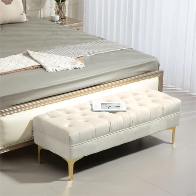 HOMCOM Banc Bout de Lit Velours Beige Métal Doré 118cm