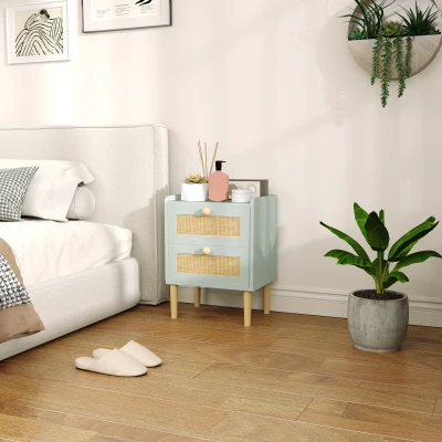 HOMCOM Commode Bohème Résine Tressée 2 Tiroirs Vert Olive