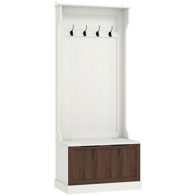 HOMCOM Mobile Appendiabiti 3 in 1 con 4 Ganci e Panca Contenitore, in Legno, 71.5x39.5x170 cm, Bianco
