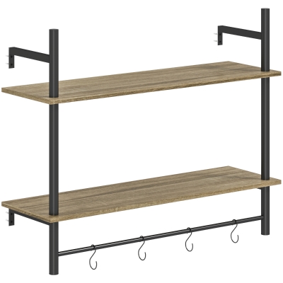 HOMCOM Wall Mounted Floating Shelves with 4 Hooks, Rustic Wall Shelf Unit for Living Room, Entryway, Grey