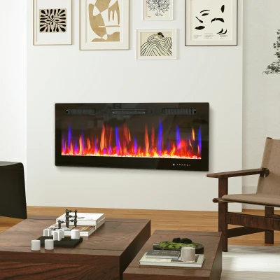 HOMCOM Elektrischer Kamin, Wandmontage, verstellbare Flammen, Thermostat, Timer, Stahl, Schwarz