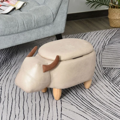 HOMCOM Tabouret Vache - Pouf Vachette - Pouf Taureau Coffre de Rangement 2 en 1 - Pieds Bois d'hévéa revêtement synthétique Aspect Crème