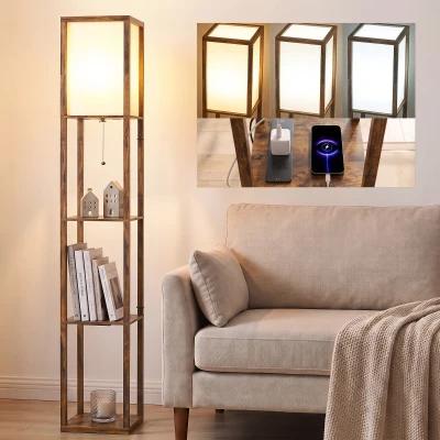 HOMCOM Floor Lamp with Shelves Rustic Brown