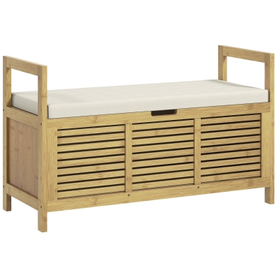 HOMCOM Banc Rangement Caché Coussin Accoudoir Bois Naturel