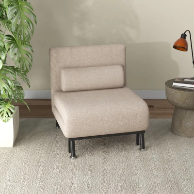 HOMCOM Sofá Cama Individual Dobrável Estofado em Linho com Encosto Ajustável em 5 Níveis e Almofada Acolchoada 75x70x75 cm Bege