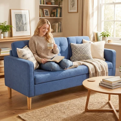 HOMCOM 3-Seater Sofa with Storage, Wood Legs, Blue