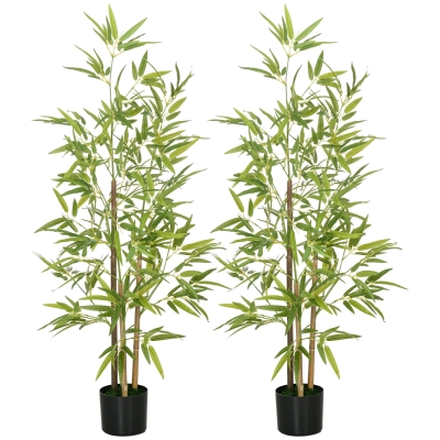HOMCOM Bambus-Kunstbaum 2er-Set, 3 Stämme, pflegeleicht, 120 cm, Zementtopf, Grün