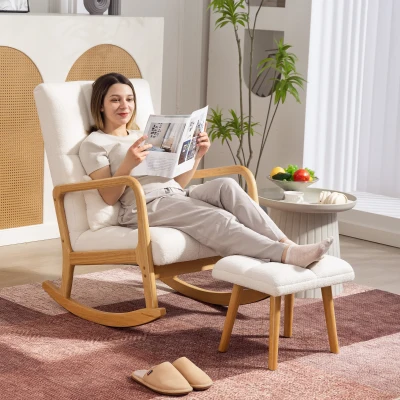HOMCOM Silla Mecedora con Reposapiés Tapizado en Bouclé Cojín Acolchado y Reposabrazos y Patas de Madera Carga 120 kg Blanco