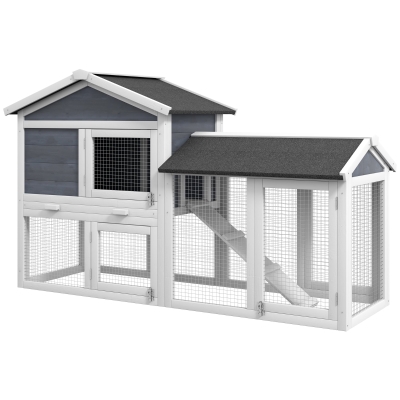 PawHut Abrigo para pequenos animais com área externa, madeira de abeto, 147 x 54 x 84 cm, Cinza