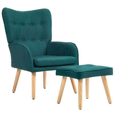 HOMCOM Sillón con Reposapiés Sillón Lectura con Respaldo Alto Capitoné Patas de Madera y Tapizado en Lino Verde Oscuro