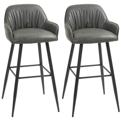 Set 2 Scaune de Bar din Piele Ecologică cu Suport pentru Picioare, Gri