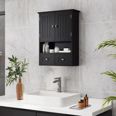 kleankin Armário de Parede para Casa de Banho com 2 Portas Prateleira Aberta e 2 Gavetas Estilo Moderno 50,8x17,8x66 cm Preto