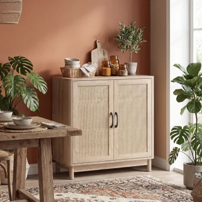HOMCOM Buffet Rotin 2 Portes Chêne 76x35x75,5 cm