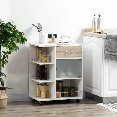 HOMCOM Carrito de Cocina Verdulero con 1 Cajón Puerta de Vidrio y Estantes Carro Auxiliar con Ruedas 65x39x80 cm Natural