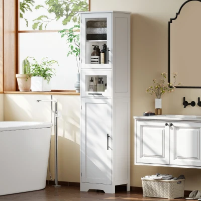 HOMCOM Coluna Casa de Banho com Porta de Vidro Prateleiras Ajustáveis Gaveta para Espaços Pequenos 40x31x170 cm Branco