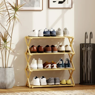 HOMCOM Schuhregal mit 4 Ebenen, Schuhablage aus Bambus,für bis zu 12 Paar Schuhe, für Eingang, Flur, 60 x 29 x 67 cm, Natur