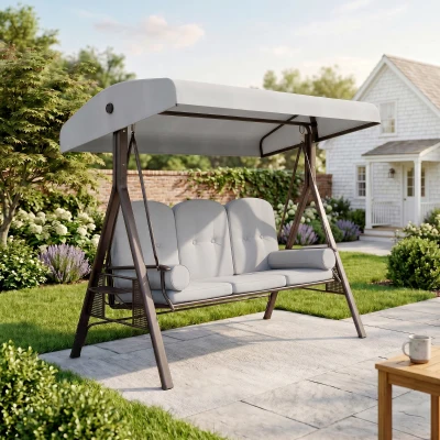 Outsunny 3-Seater Swing Chair Steel Frame Light Grey