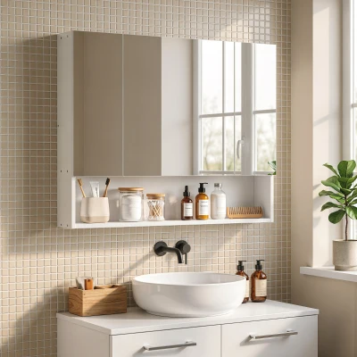 kleankin Specchiera Bagno con Armadietto 3 Ante e Ripiani Bianco