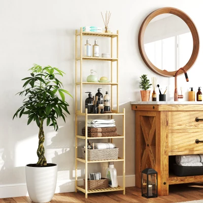 HOMCOM Estante de Casa de Banho de Bambu de 7 Níveis Estante de Arrumação com Desenho de Ripas 44x33x180 cm Madeira