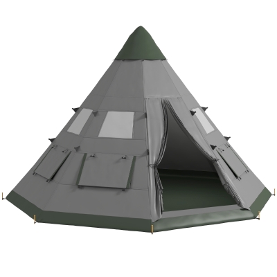 Outsunny 6-Man Tipi Tent Gray with Mesh Windows 2 Doors