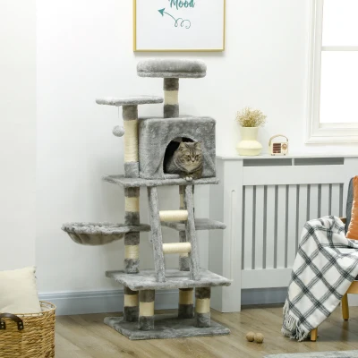 PawHut Árvore para Gatos Multi-equipamentos Arranhadores Raspadores Tocas Plataformas Escada Rede Bola Suspensa Cinza