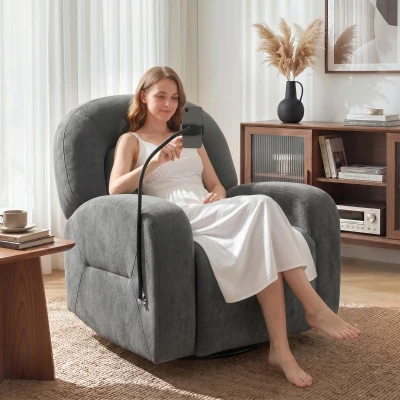 HOMCOM Sillón Relax Reclinable 3 en 1 con Función Mecedora Giratorio 360° Soporte para Teléfono Asiento Amplio Gris