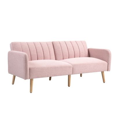 HOMCOM Canapé Convertible 2 Places Tissu Lin Rose Pieds Bois
