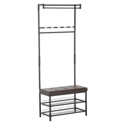 HOMCOM Garderobenständer Kleiderständer mit 5 Haken und Schuhbank mit 2 Ebenen Garderobe aus Metall für Flur, Schlafzimmer, 72,5 x35 x 180cm