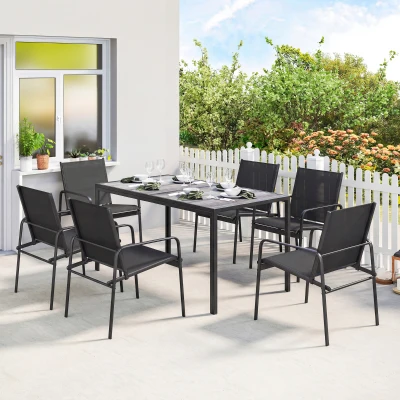 Outsunny Salon Jardin 6 Pers Table Effet Bois Chaises Maille Noir