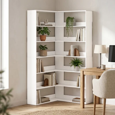 HOMCOM L-Shaped 7-Tier Bookshelf Wood Effect White